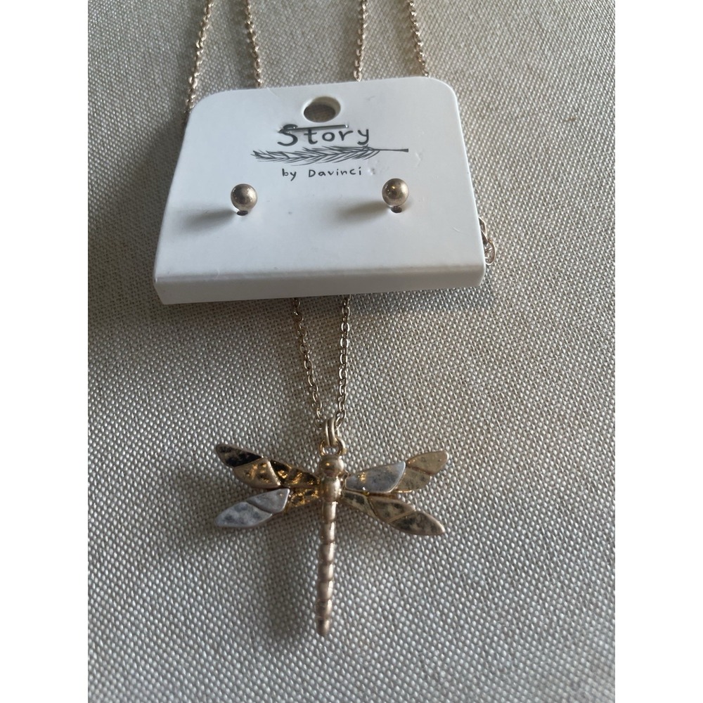 STORY BY DAVINCI Dragonfly Mixed Metals  Necklace‎ Stud Earrings Set NEW Modern